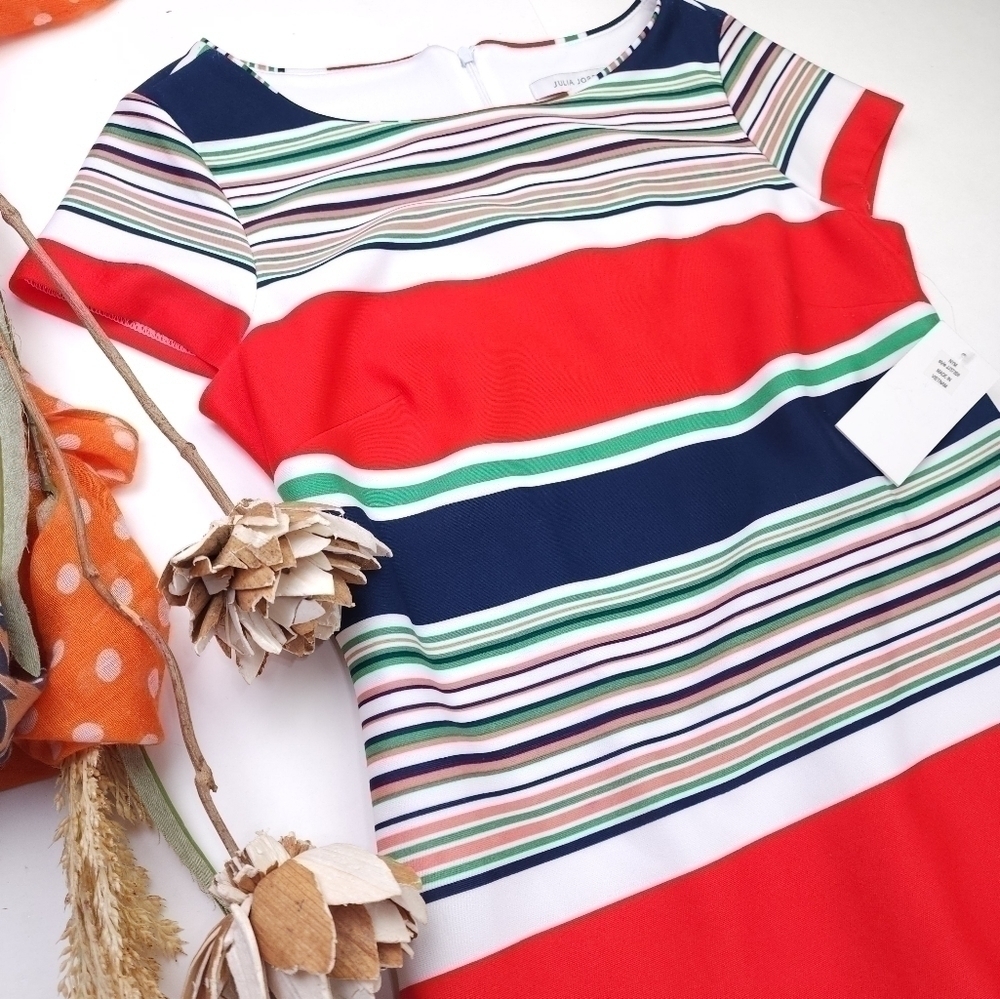 New Julia Jordan Red Navy, Green White Striped Dress Sz 4 - Picture 6 of 11